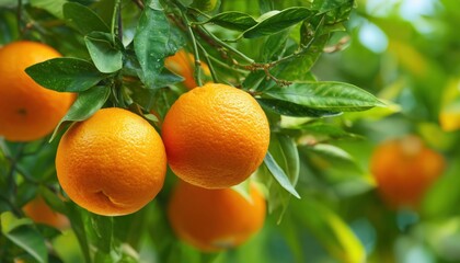 Vibrant Orange Trees In Citrus Orchard: Organic Fruit And Lush Leaves Creating Thriving Green Garden Of Ripe Crop.