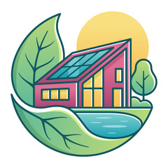 Modern Solar Home Vector Design with Leaf and Sun Background