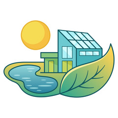 Solar Energy House Illustration with Pond and Sun in Flat Line Style