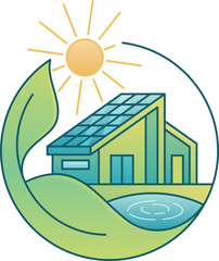Eco Friendly House Logo with Solar Panel, Sun, and Green Leaf Vector