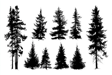 diverse black silhouette pine trees on white background