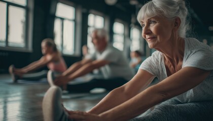 Obraz premium Elderly Individuals Engaging In Leg-Stretching Exercises In A Fitness Studio To Improve Flexibility And Mobility. Energizing Stretching Session.