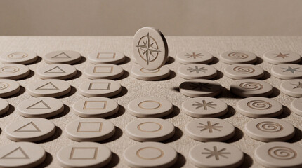 An array of circular game pieces, each bearing a unique glyph, spread across a textured surface. A piece with a compass rose stands out among shapes like triangles, stars, spirals, and squares.