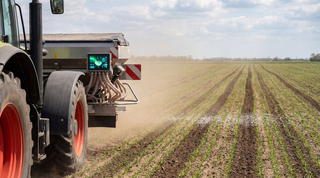A green tractor sows a field with new crops. Dust is kicked up as it moves across the landscape, utilizing technology to create a perfect planting season.