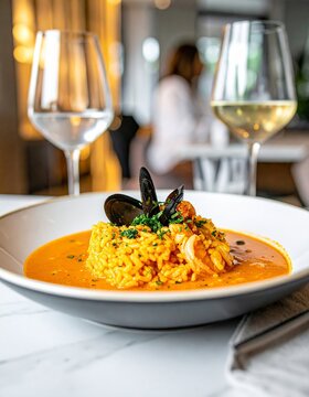 Deliciosa presentaci&oacute;n de arroz de marisco en un bistr&oacute; moderno