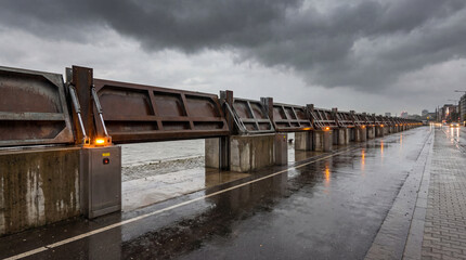 A flood barrier stretches into the distance under a stormy sky in Germany. Rain glistens on the wet pavement, reflecting the ambient light and the barrier's safety lights.