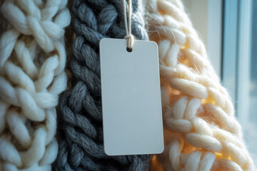 Vertical rectangular paper tag mockup hanging on thick wool knitted textures in neutral cream and gray colors for price