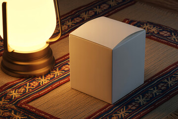 Small white cardboard box mockup resting on woven mat next to glowing brass lantern at night