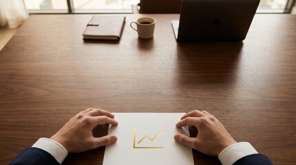 Hands at a business desk with laptop, coffee, notebook, and a growth chart.