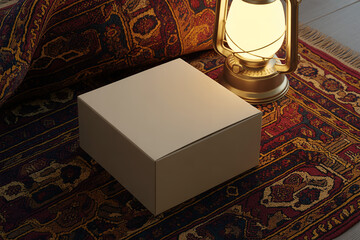 Beige square product box mockup beside vintage lantern resting on ornate colorful patterned rug close up