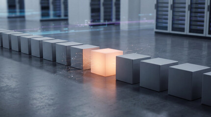 A line of cubes sits in a server room. Most are grey, but one is glowing orange, with lines of data flowing around them all.