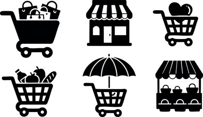 Grocery shopping icons with cart and market stall vector set for retail and e-commerce designs