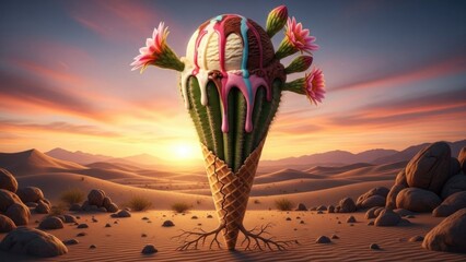 Surreal desert ice cream cone with cactus and blossoming flowers at sunset