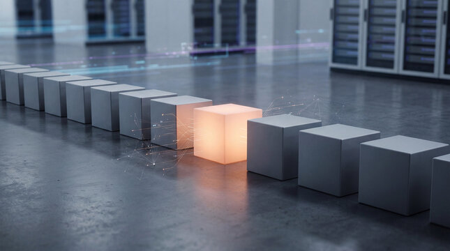 A line of cubes sits in a server room. Most are grey, but one is glowing orange, with lines of data flowing around them all. - Powered by Adobe
