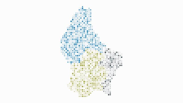 Luxembourg map animation. Shape of the country with pulsating colored dots. Small size rounded square blocks. Digital style Luxembourg map on white background. Artistic video.