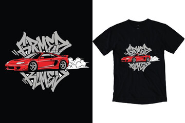 Red Sports Car Drifting Graffiti Art, Urban Street Racing Smoke Vector Design JDM Automotive Fashion T-Shirt Print © SagorKundu