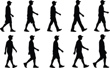 Obraz premium Walking man silhouette sequence set, male person step by step motion poses wearing cap, black human figures isolated on white background vector illustration