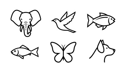 Obraz premium Collection of Simple Line Art Animal Icons Elephant Bird Fish Butterfly Dog
