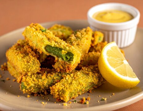 Peixinhos da horta showcases Portuguese cuisine with fried green beans and lemon on a clean plate