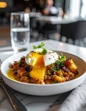 Enjoying Firefly A&ccedil;orda alentejana in a modern restaurant setting with fresh ingredients and a poached egg