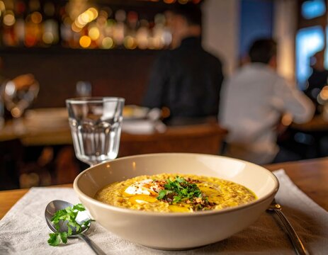 Delicious Firefly Acorda Alentejana served at a contemporary dining table in a restaurant setting during evening hours