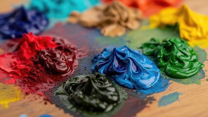 Vibrant acrylic paint swirls on palette showcasing rich, bold colors