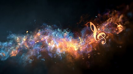 Glowing abstract music notes and treble clef on dark background with vibrant colors and dynamic motion