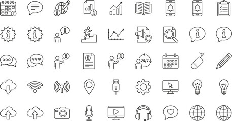Communication, information, productivity, technology, media, cloud, icons set, flat vector illustration, line style, digital tools