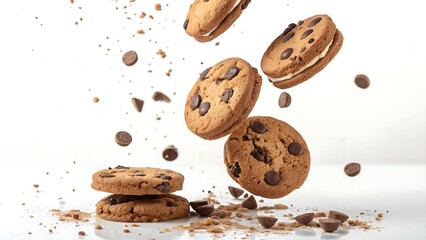 Chocolate cookies captured flying in mid-air, creating a playful biscuit concept for creative food advertising visuals