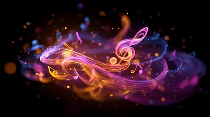 Glowing music notes swirling in vibrant neon colors against a dark background with sparkling bokeh lights, abstract representation of melody and harmony