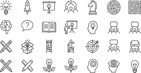 Fototapeta premium Creativity, innovation, strategy, teamwork, education, problem-solving, icons set, flat vector illustration, line style, idea generation