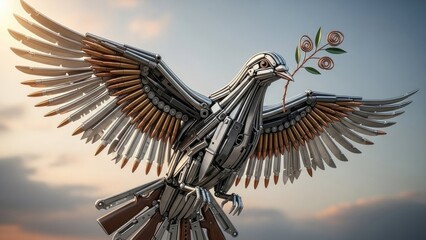 Mechanical bird of peace with olive branch symbolizing harmony and innovation