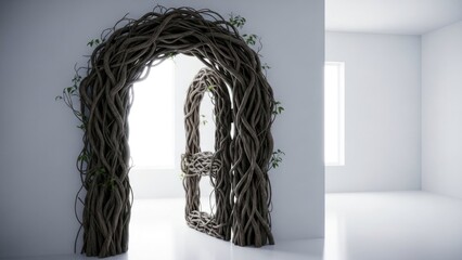 Intricate branch archway with window light in minimalist space