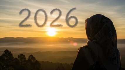 Silhouette of a woman watching sunrise in 2026 mountain landscape