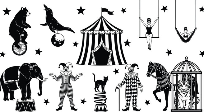 Circus animals and performers, black and white vector, whimsical entertainment scene, clown, tent, elephant, bear, seal, trapeze, tiger, horse, cat