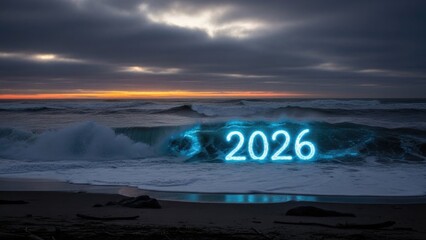 Year 2026 glowing waves at dusk on ocean shoreline with vibrant horizon