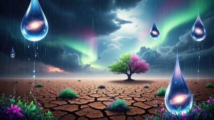 Surreal landscape with celestial raindrops and vibrant aurora display