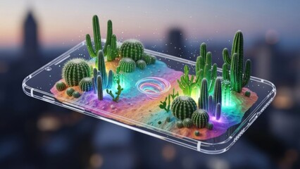 Futuristic smartphone with vibrant holographic desert scene and illuminated cacti