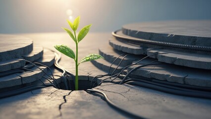 Resilient plant breaking through concrete amidst industrial setting