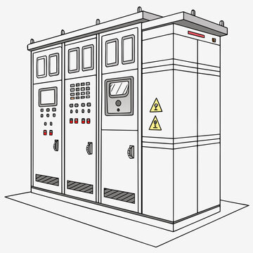 A detailed illustration of a large electrical control cabinet with multiple panels and warning signage is presented