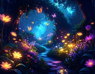 A whimsical, vibrant illustration of a glowing forest path. Flowers, butterflies, and sparkling lights guide the way through a mystical landscape