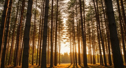 Sunlight filtering through a dense pine forest at sunrise