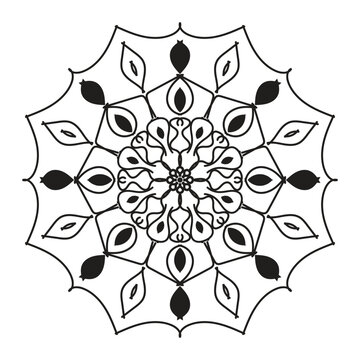 A detailed black and white circular mandala featuring symmetric geometric patterns and floral-inspired elements.