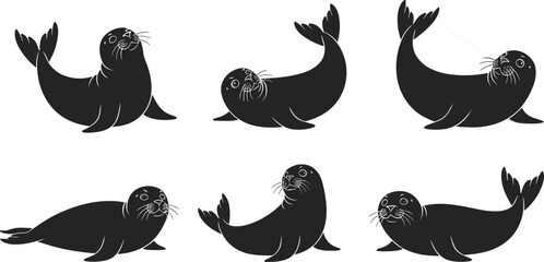 Seal silhouette vector set, marine animal poses, playful seal illustrations, black sea creature icons for ocean-themed design and wildlife artwork © Masuduzzaman