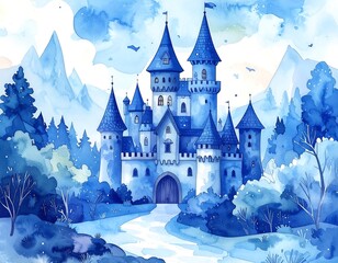 A whimsical, watercolor illustration of a towering, snow-covered castle nestled amidst a serene, blue-toned winter landscape