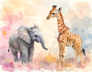 A whimsical watercolor painting of a baby elephant and giraffe in a soft pastel-colored environment, standing side-by-side