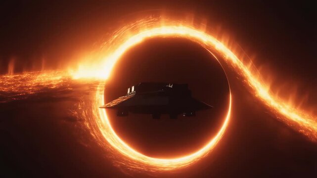 Futuristic spaceship silhouette against fiery orange black hole accretion disk glow in deep space