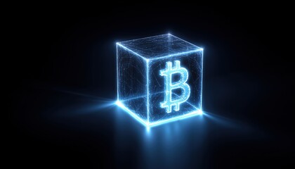 Neon Crypto Cube: Connecting Blockchain Nodes With Bitcoin For Virtual Futuristic Cryptocurrency Trade And Financial Tech Network. Glow Effect Included.