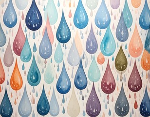A whimsical, watercolor-style illustration of raindrops in various shades of blue, pink, orange, and purple, arranged on a white background