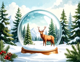 A whimsical winter scene, a snow globe contains a stag amidst snow-covered pines and mountains. Snowflakes fall gently